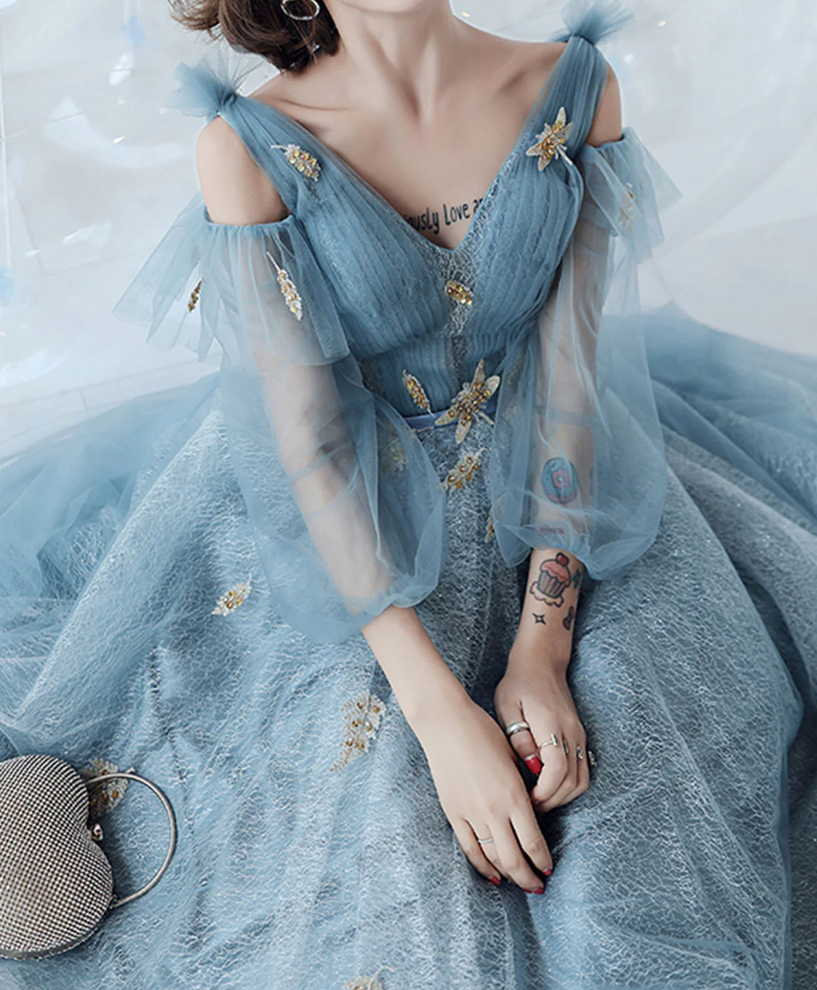 Blue V Neck Tulle Lace Long Prom Dress Blue Lace Formal Dress - Deanwangkt