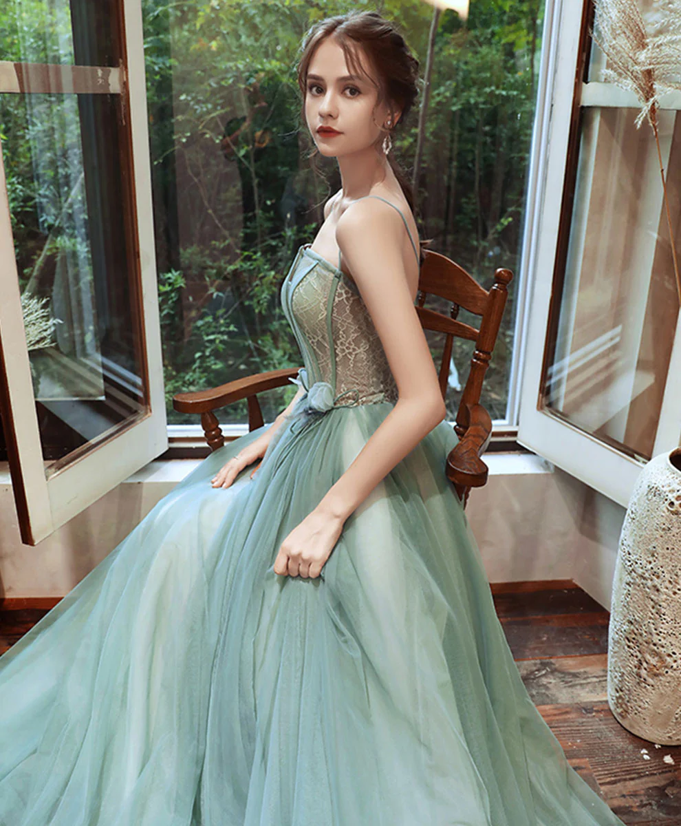Green Tulle Lace Long Prom Dress Green Lace Tulle Formal Dress - Deanwangkt