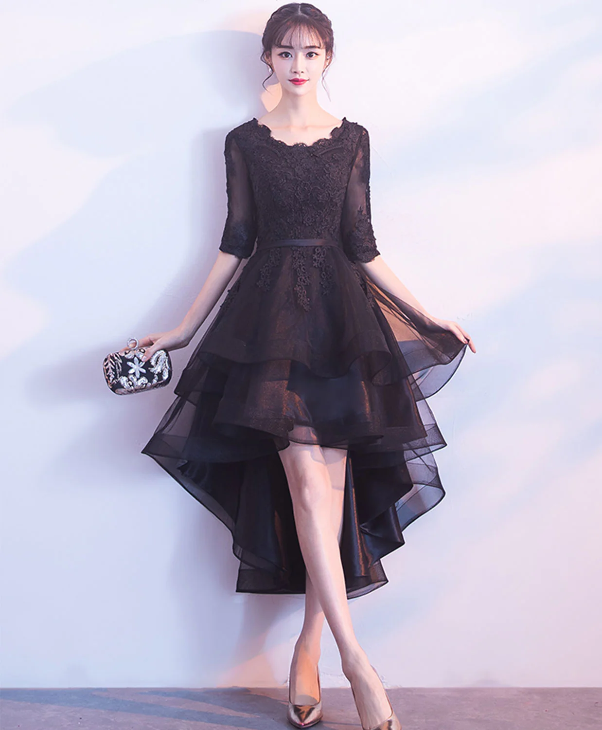 Cute Black Tulle Lace Short Prom Dress, Black Bridesmaid Dress - Deanwangkt