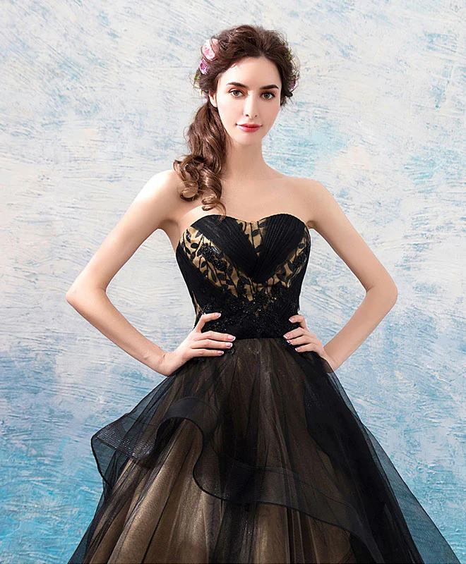 Black Sweetheart Neck Tulle Long Prom Dress, Black Evening Dress - Deanwangkt