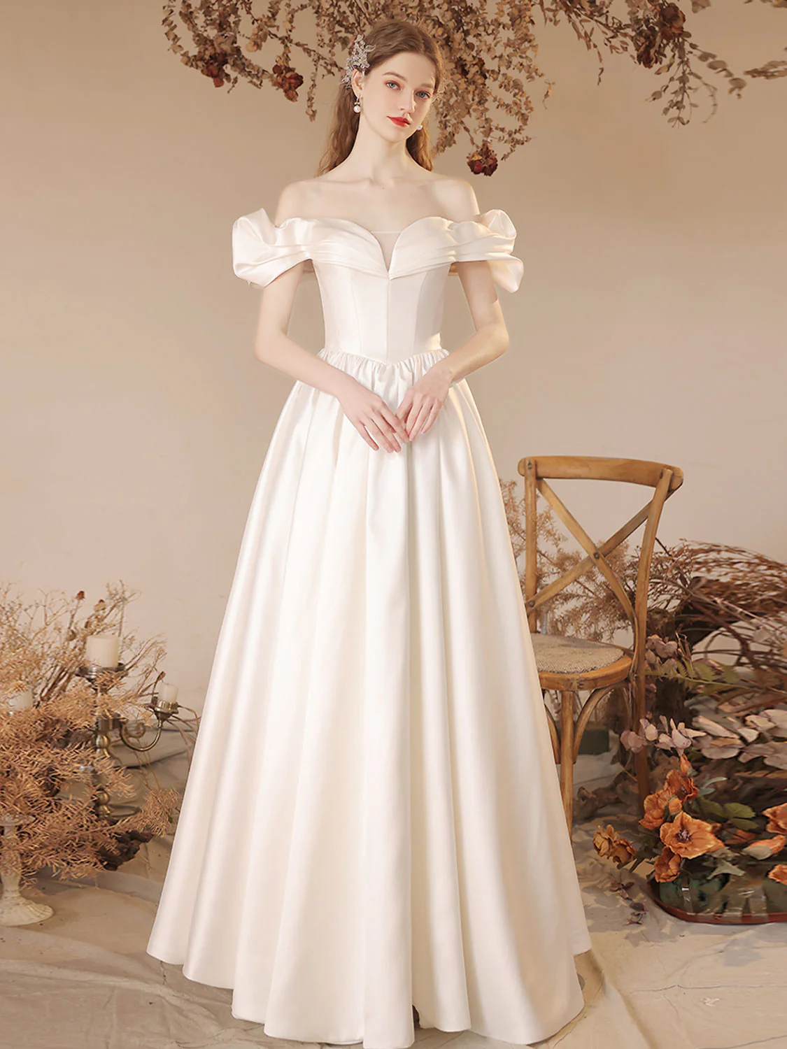 A-Line Off Shoulder Satin Beige Long Prom Dress, Beige Formal Evening Dress - Deanwangkt