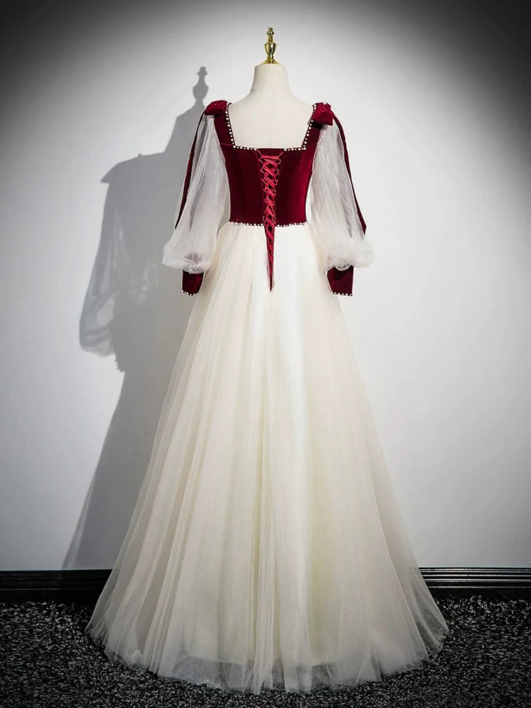 A-Line Long Sleeve Tulle Lace Champagne Long Prom Dress - Deanwangkt