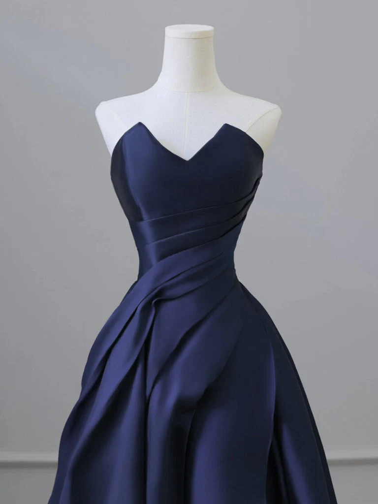 A-Line V Neck Satin Dark Blue Long Prom Dress, Dark Blue Long Formal Dress - Deanwangkt