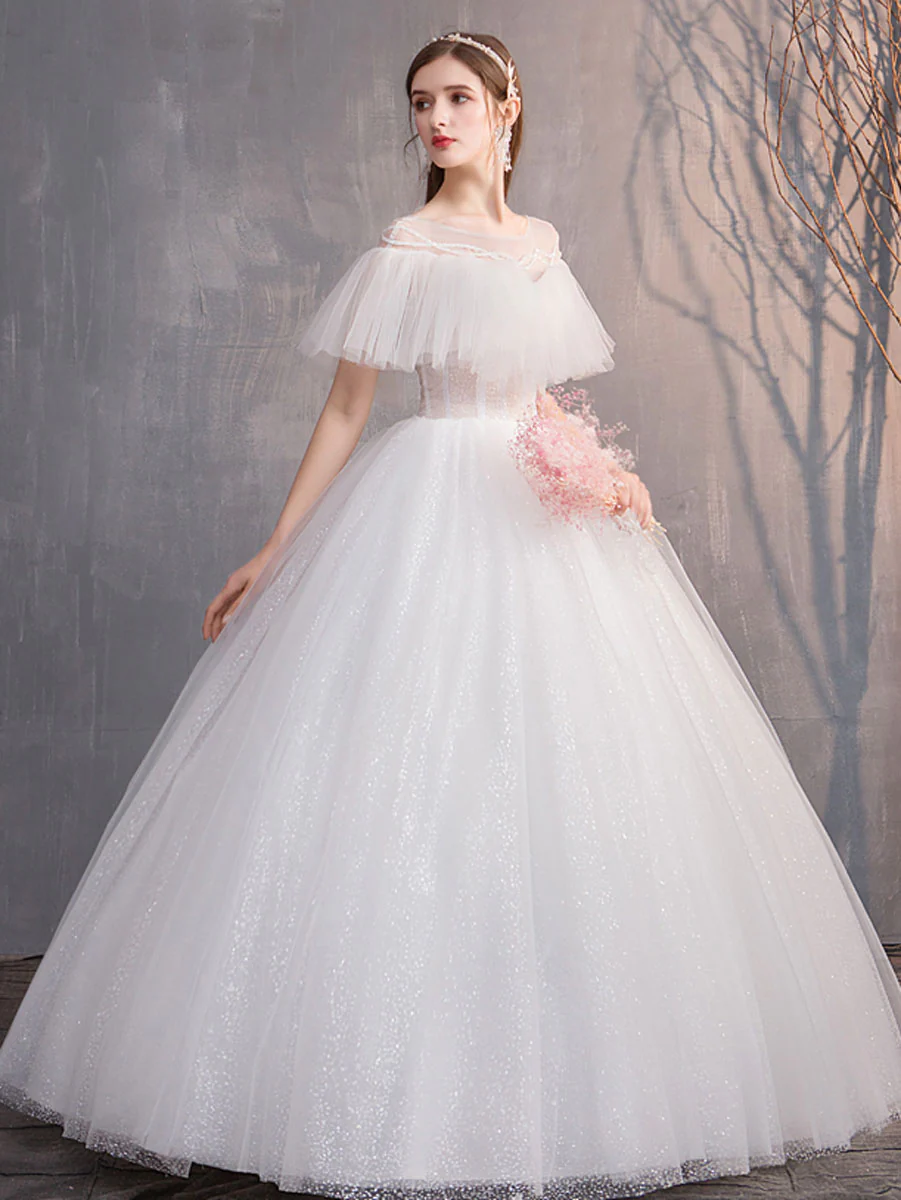 White Round Neck Tulle Long Wedding Dress, White Tulle Long Bridal Dress - Deanwangkt