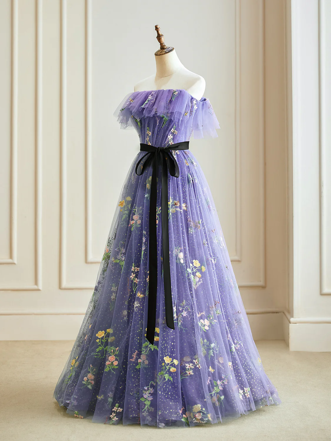 A-Line Tulle Lace Purple Long Prom Dress, Purple Long Formal Dress - Deanwangkt