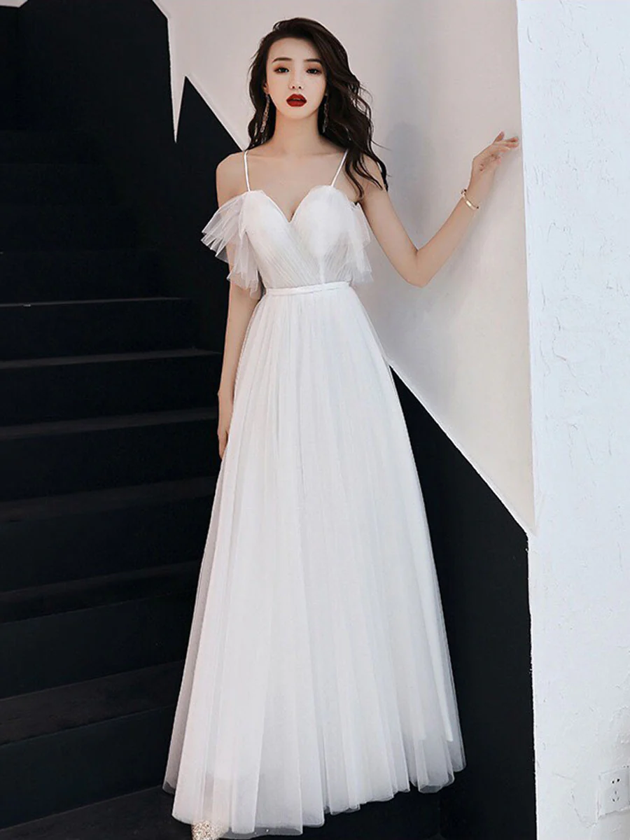 Simple White Sweetheart Neck Tulle Long Prom Dress, White Tulle Formal Dress - Deanwangkt