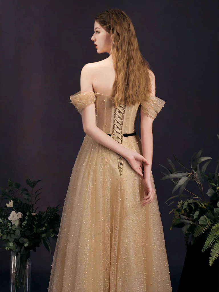 A-Line Sweetheart Neck Champagne Tulle Long Prom Dress. Champagne Formal Dress - Deanwangkt