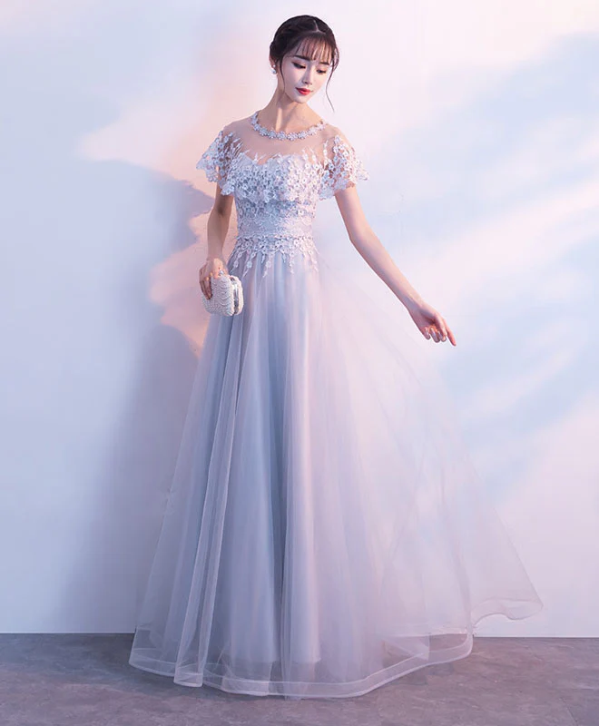 Unique Gray Tulle Long Prom Dress, Lace Evening Dress - Deanwangkt