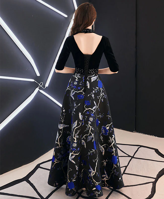 Black V Neck Satin Long Prom Dress, Black Evening Dress - Deanwangkt