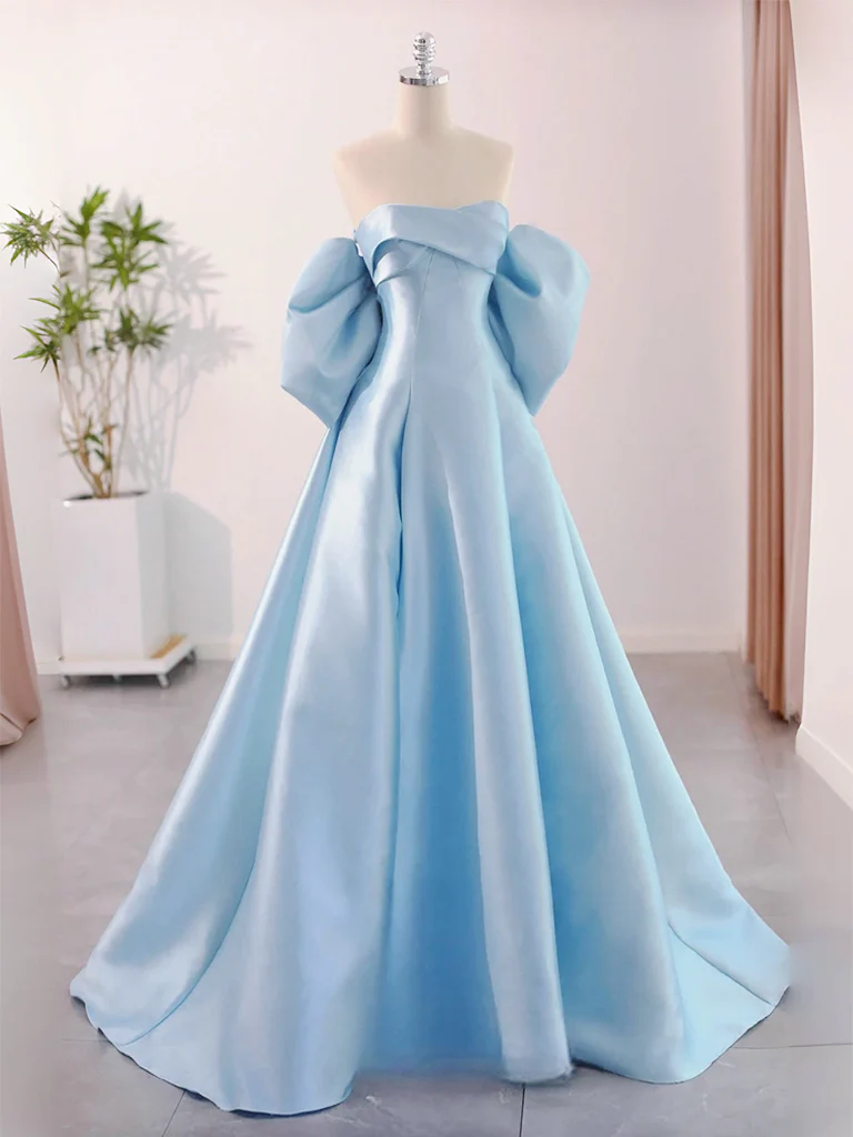 A-Line Sweetheart Neck Satin Blue Long Prom Dress, Blue Long Formal Dress - Deanwangkt