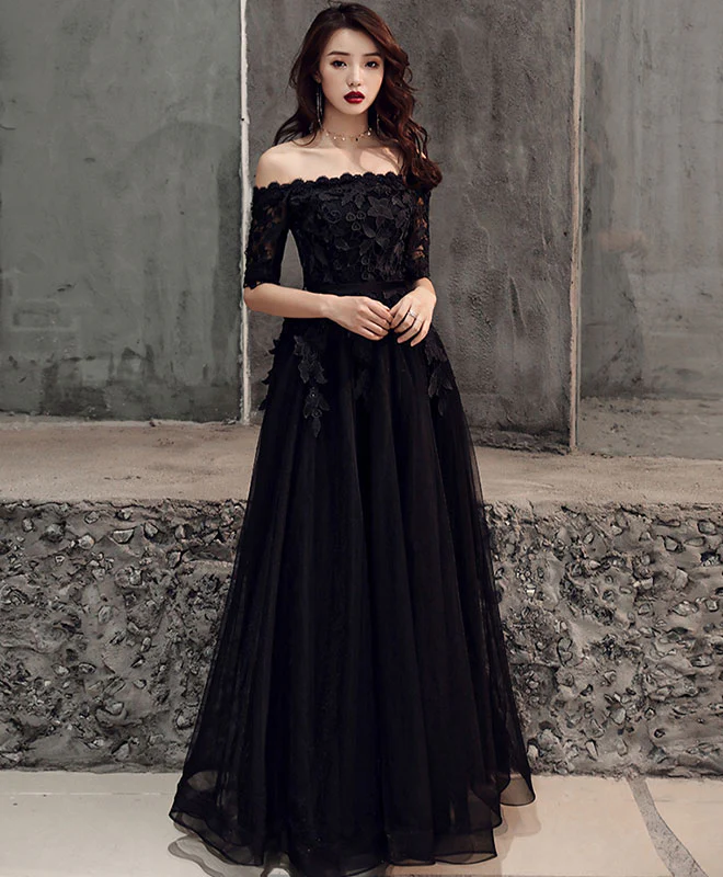 Black Tulle Lace Long Prom Dress, Black Tulle Evening Dress - Deanwangkt