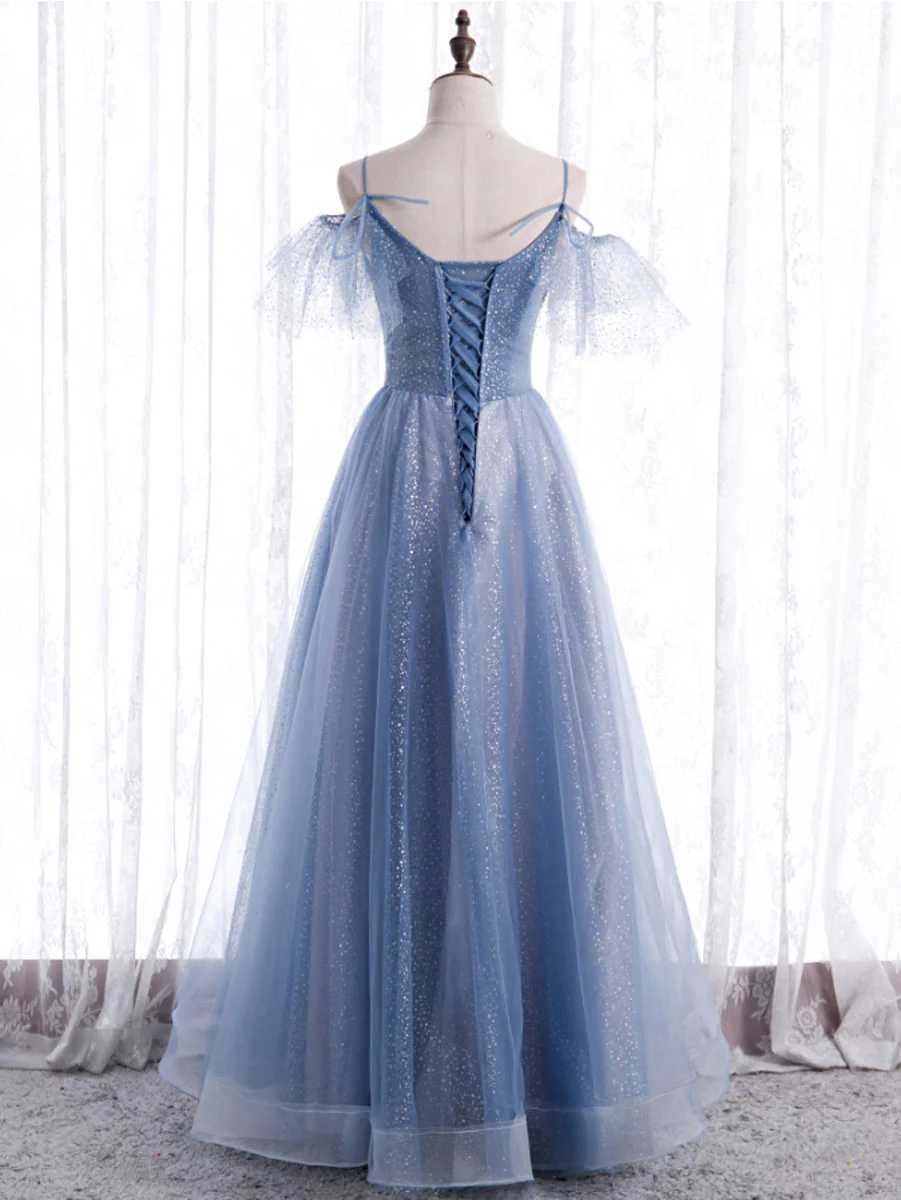 Elegant  A line Tulle Sequin Blue Long Prom Dress, Tulle Blue Formal Evening Dress - Deanwangkt