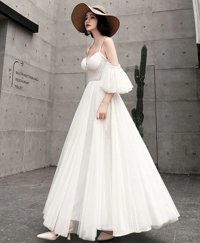 Unique Tulle Long Prom Dress, White Evening Dress - Deanwangkt