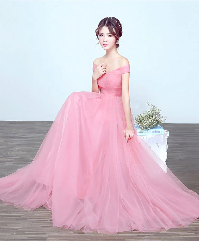 Simple V Neck Tulle A Line Long Prom Dress, Evening Dress - Deanwangkt