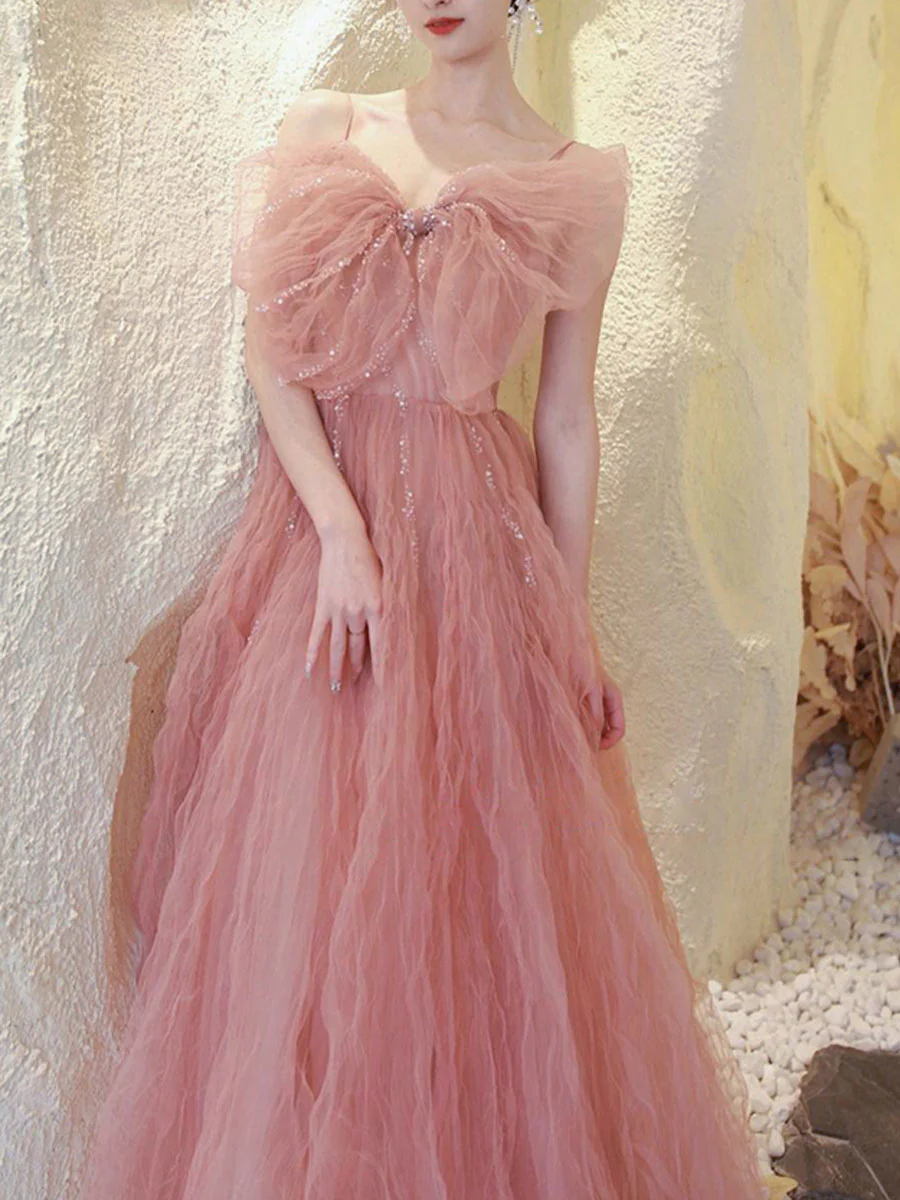A line Pink Long Prom Dresses, Tulle Long Formal Graduation Dresses With Sequin Beading - Deanwangkt