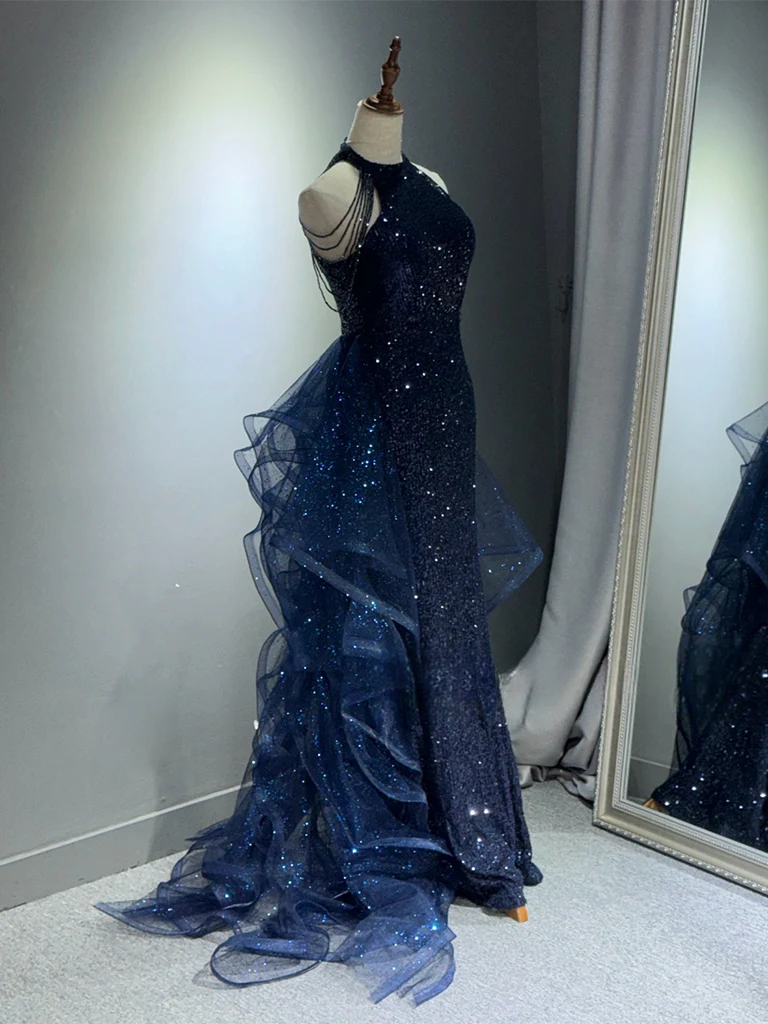 A-Line Tulle Sequin Dark Blue Long Prom Dress, Dark Blue Long Formal Dress - Deanwangkt