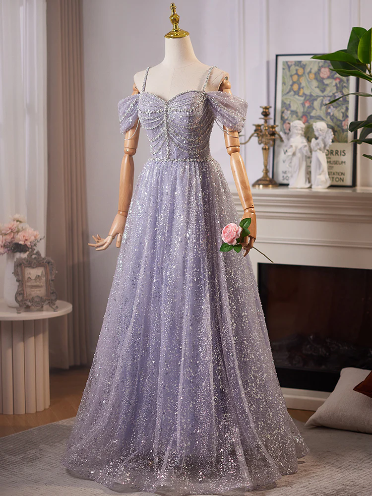 A-Line Off Shoulder Tulle Sequin Blue Long Prom Dress, Tulle Sequin Evening Dress - Deanwangkt