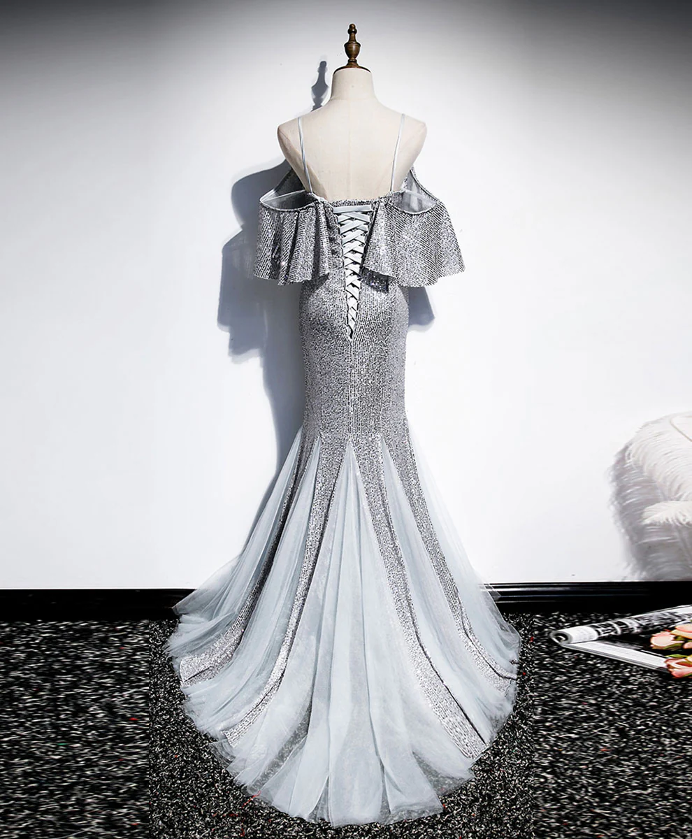 Gray V Neck Sequin Mermaid Long Prom Dress Gray Formal Dress - Deanwangkt
