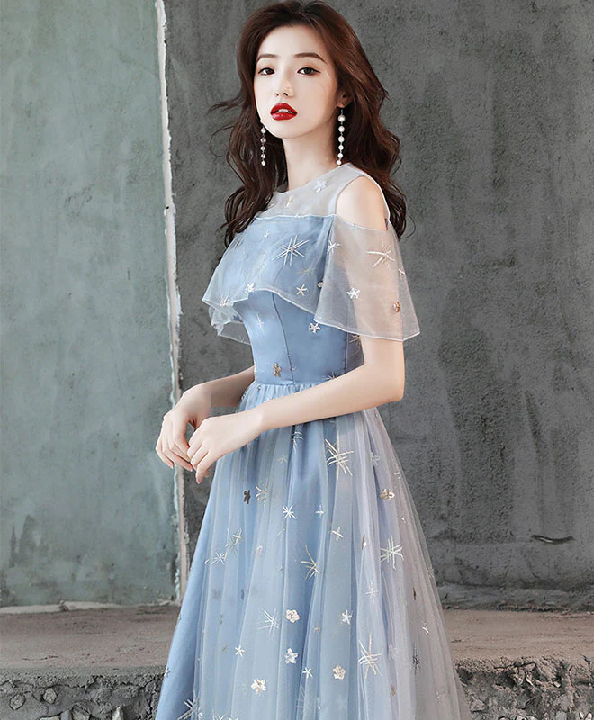 Gray Blue Tulle Lace Short Prom Dress, Gray Blue Homecoming Dress - Deanwangkt