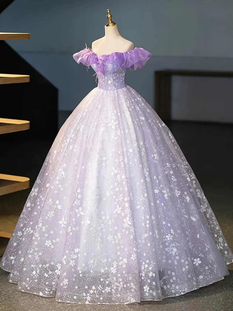A-Line Off Shoulder Tulle Lace Purple Long Prom Dress, Purple Long Formal Dress - Deanwangkt