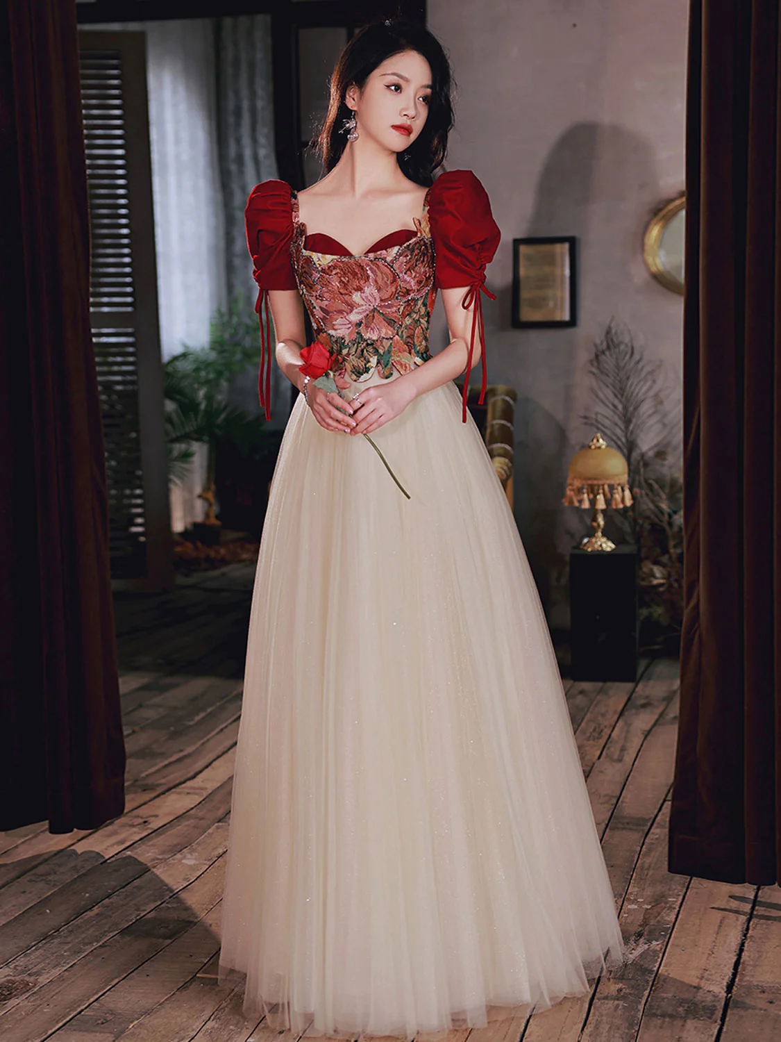 Champagne Aline Tulle Lace Long Prom Dress Champagne Evening Graduation Dresses - Deanwangkt