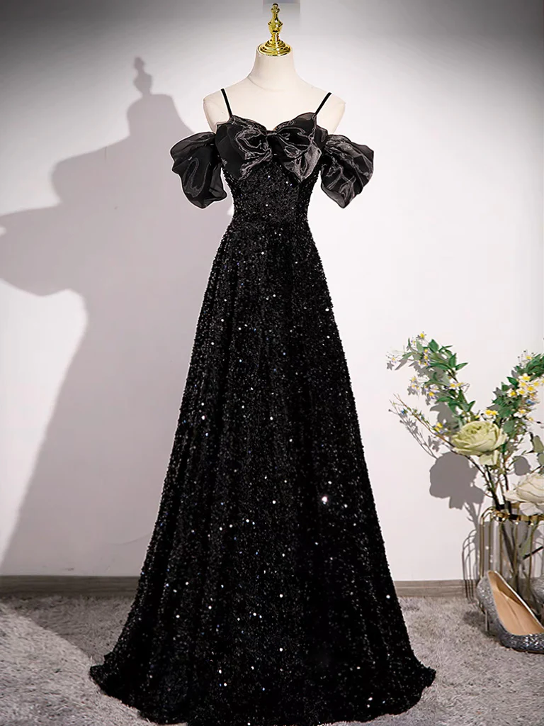 Black Off Shoulder Velvet Sequin Long Prom Dress, Black Long Evening Dress - Deanwangkt