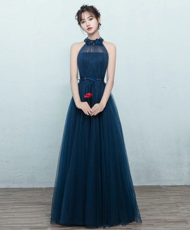 Simple Blue Tulle Long Prom Dress, Blue Tulle Bridesmaid Dress - Deanwangkt