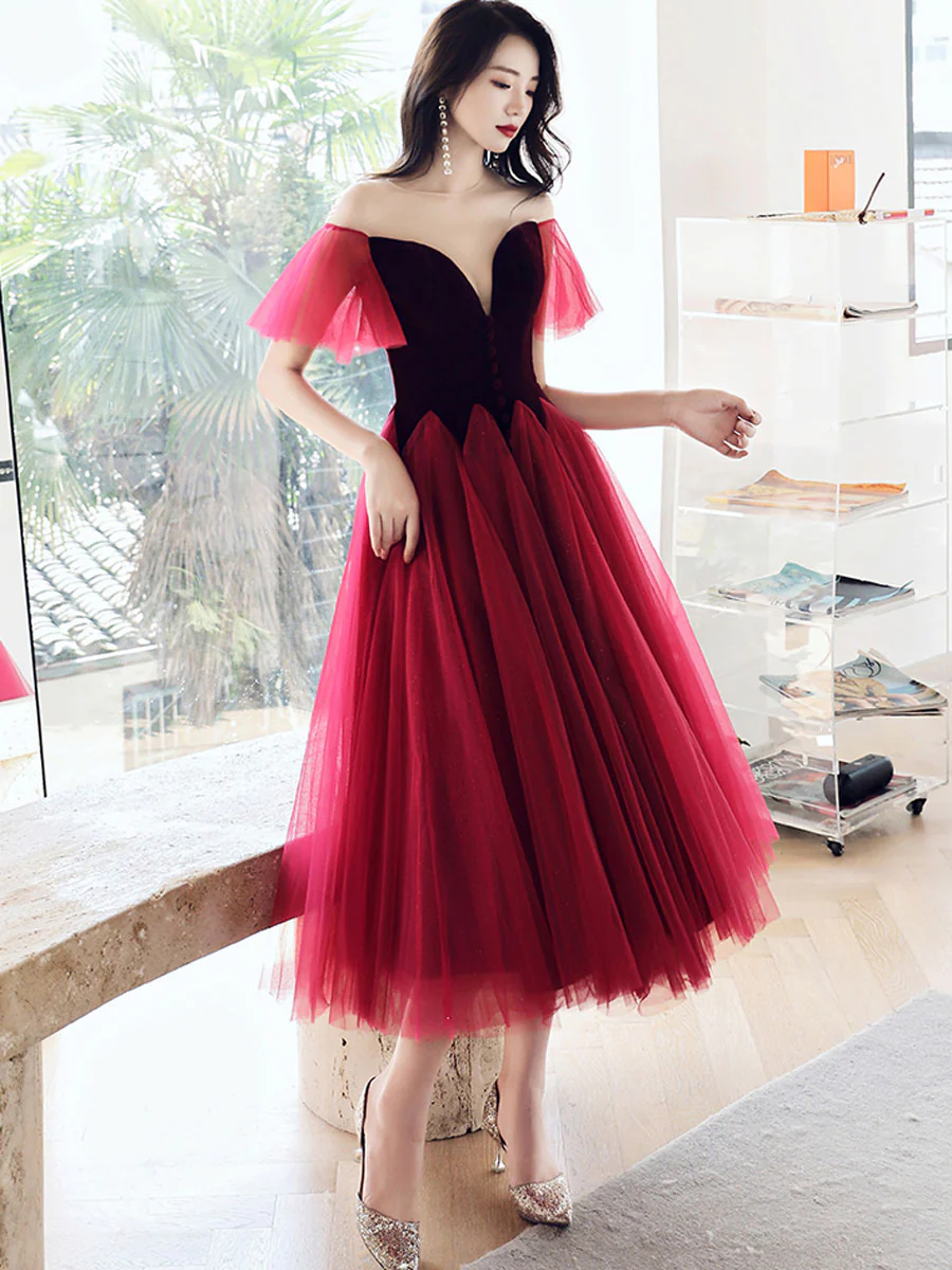 Burgundy Round Neck Velvet Short Prom Dress, Puffy Burgundy Homecoming Dress - Deanwangkt