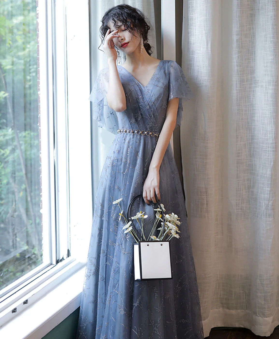 Gray Blue V Neck A-Line Tulle Long Prom Dress Gray Blue Tulle Formal Dress - Deanwangkt