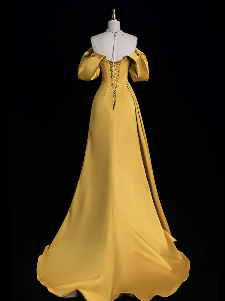 A-Line Off Shoulder Satin Gold Long Prom Dress, Gold Long Evening Dress - Deanwangkt