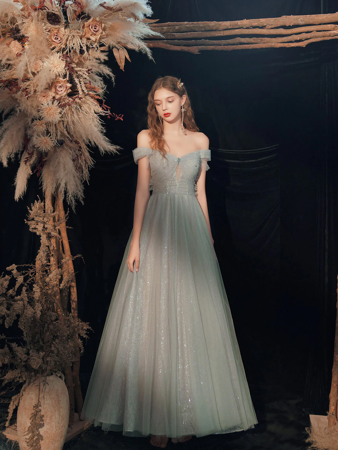 Gray Green Tulle Off Shoulder Sequin Long Prom Dress, Tulle Formal Graduation Dresses - Deanwangkt