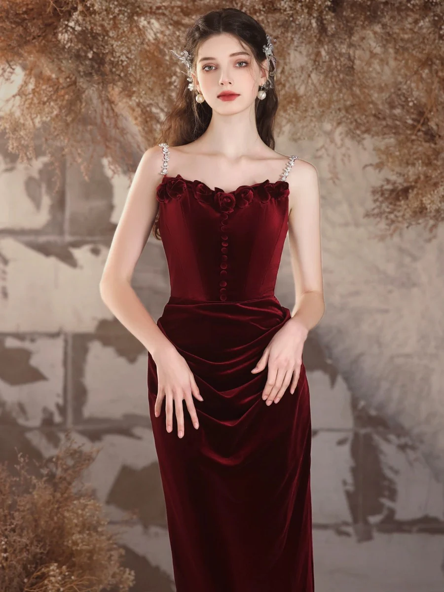 Simple Velvet Mermaid Burgundy Long Prom Dress, Burgundy Long Formal Dress - Deanwangkt