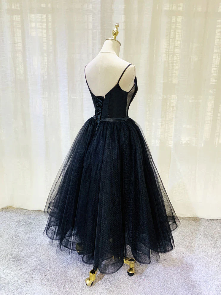 Simple Tulle Tea Length Black Prom Dress, Black Homecoming Dress - Deanwangkt