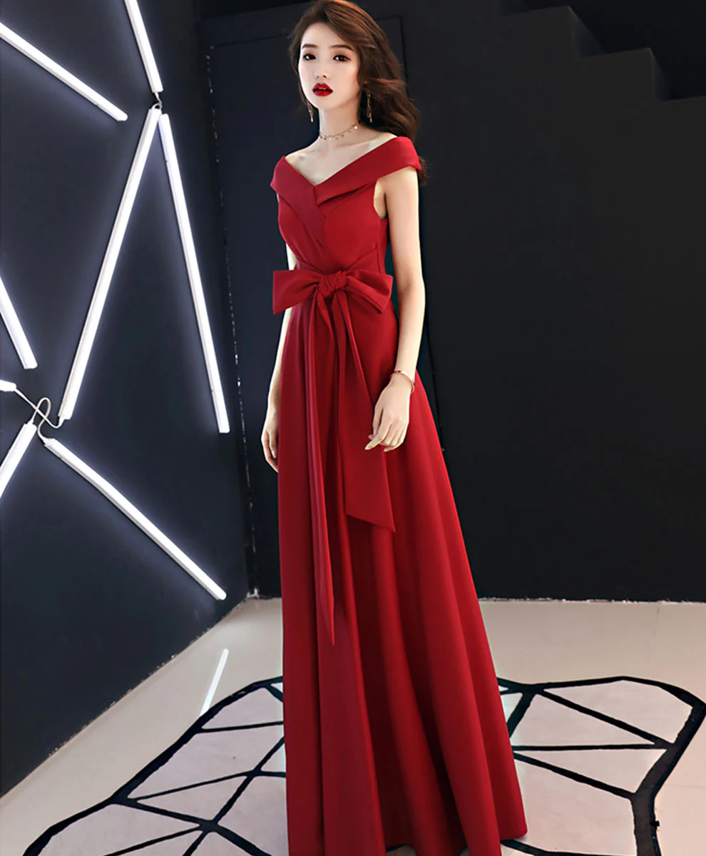 Red V Neck Long Prom Dress, Red Formal Party Dress - Deanwangkt
