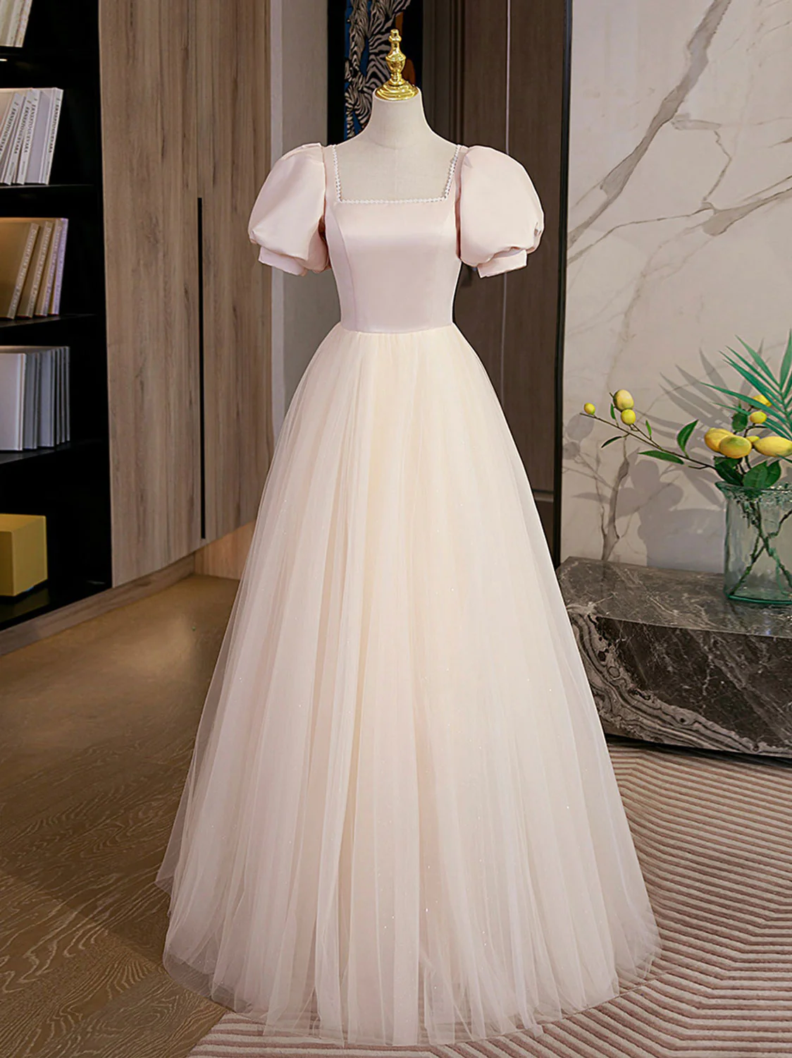 Champagne Tulle A Line Long Prom Dress, Champagne Formal Graduation Dresses - Deanwangkt