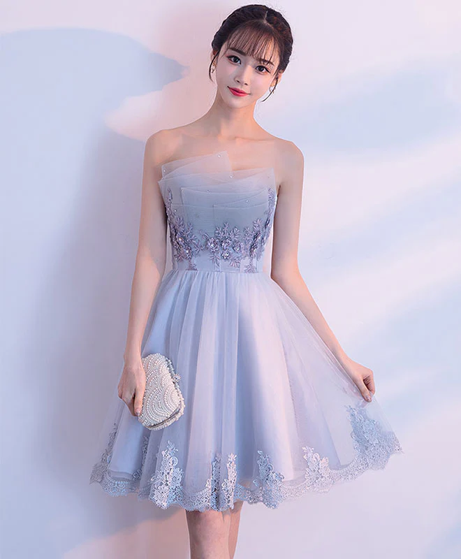 Gray Tulle Lace Applique Short Prom Dress, Gray Homecoming Dress - Deanwangkt
