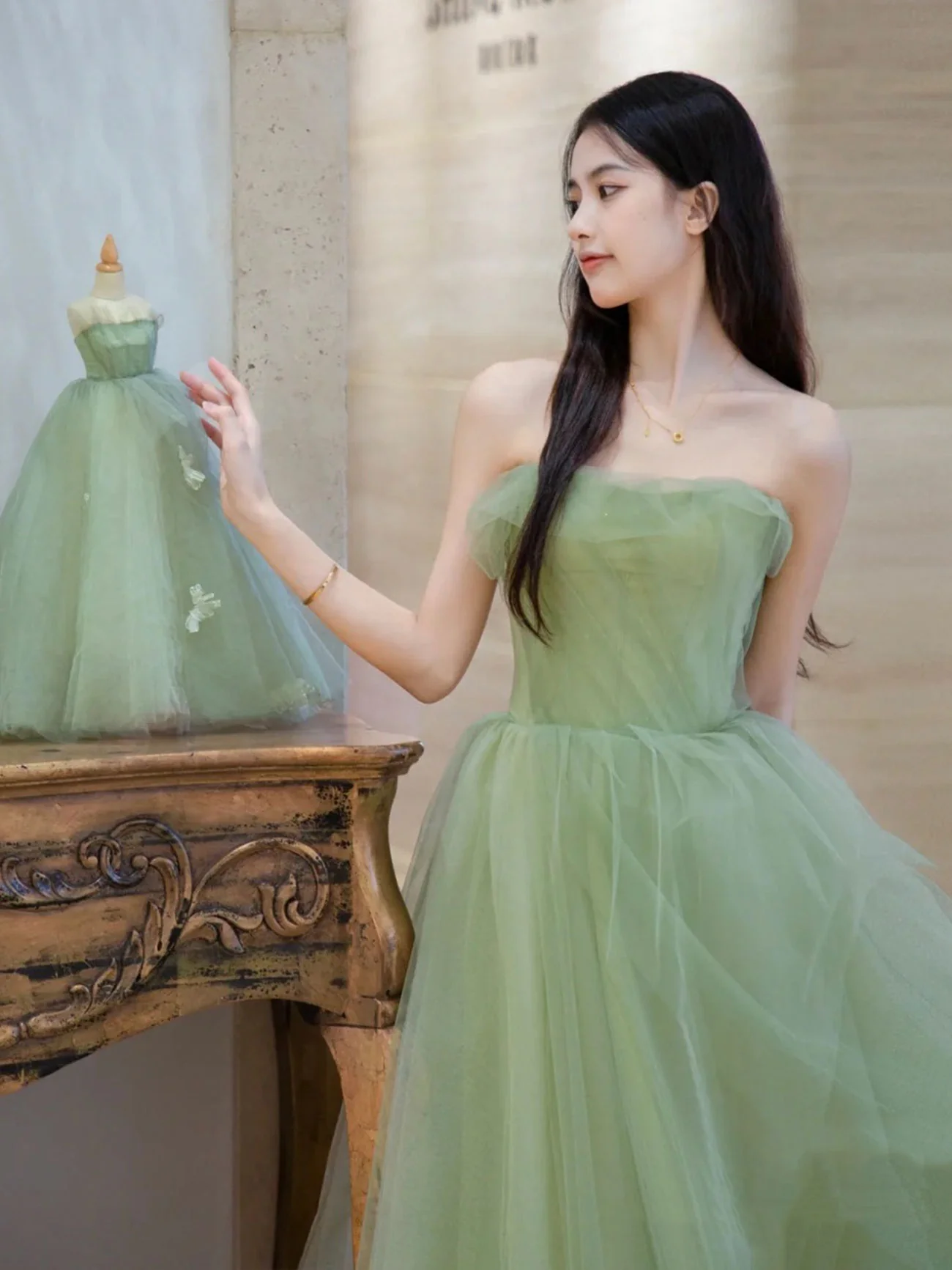 Green A line Tulle Long Prom Dress Green, Tulle Formal Evening Graduation Dresses - Deanwangkt