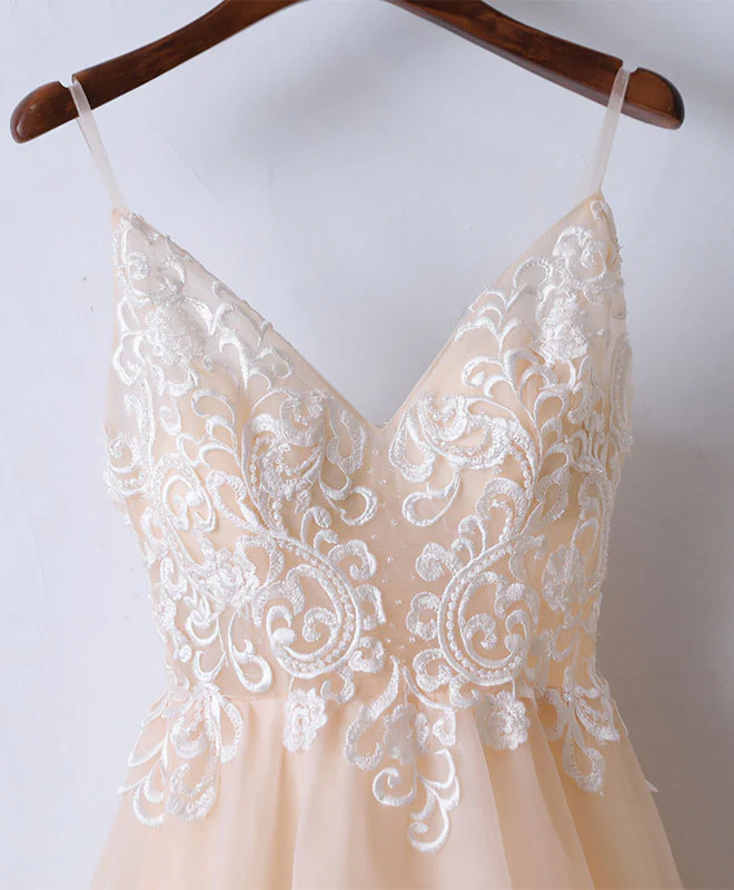 Champagne V Neck Tulle Long Prom Dress, Lace Evening Dress - Deanwangkt