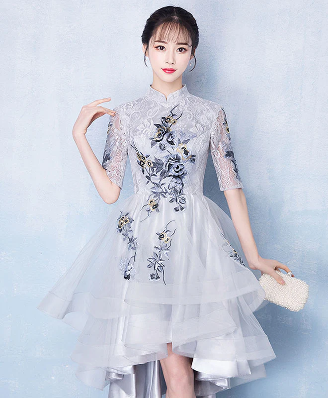 Cute Gray Tulle Lace Applique High Low Prom Dress, Gray Homecoming Dress - Deanwangkt