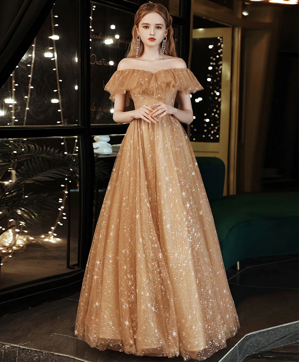 Gold A line Long Prom Dresses, Shiny Off Shoulder Gold Formal Graduation Dress - Deanwangkt