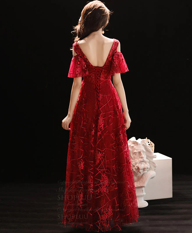 Burgundy V Neck Lace Long Prom Dress, Burgundy Evening Dress - Deanwangkt