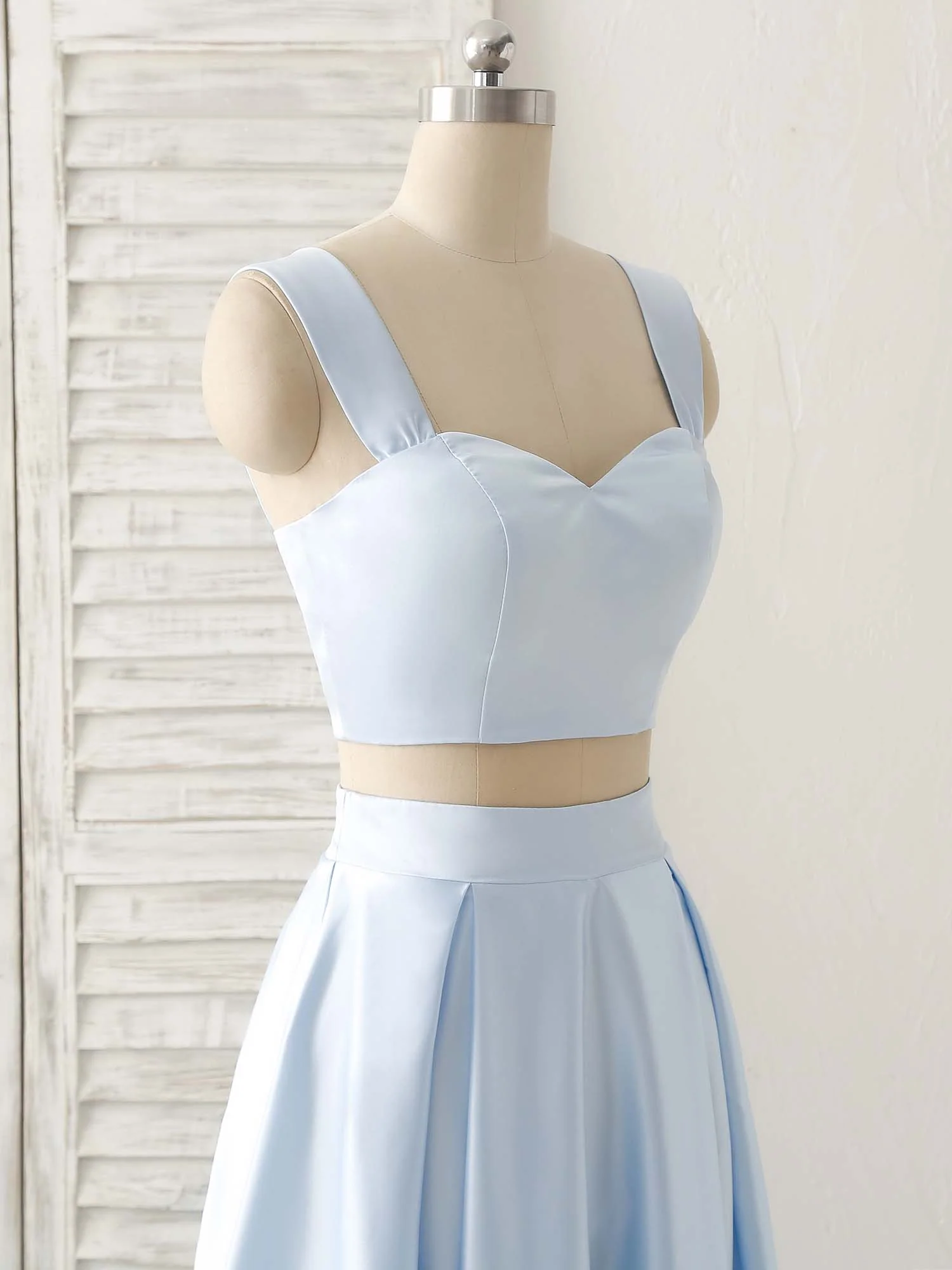 Light Blue Two Pieces Satin Long Prom Dress Simple Evening Dress - Deanwangkt