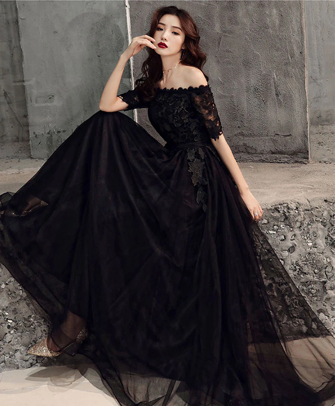 Black Tulle Lace Long Prom Dress, Black Tulle Evening Dress - Deanwangkt