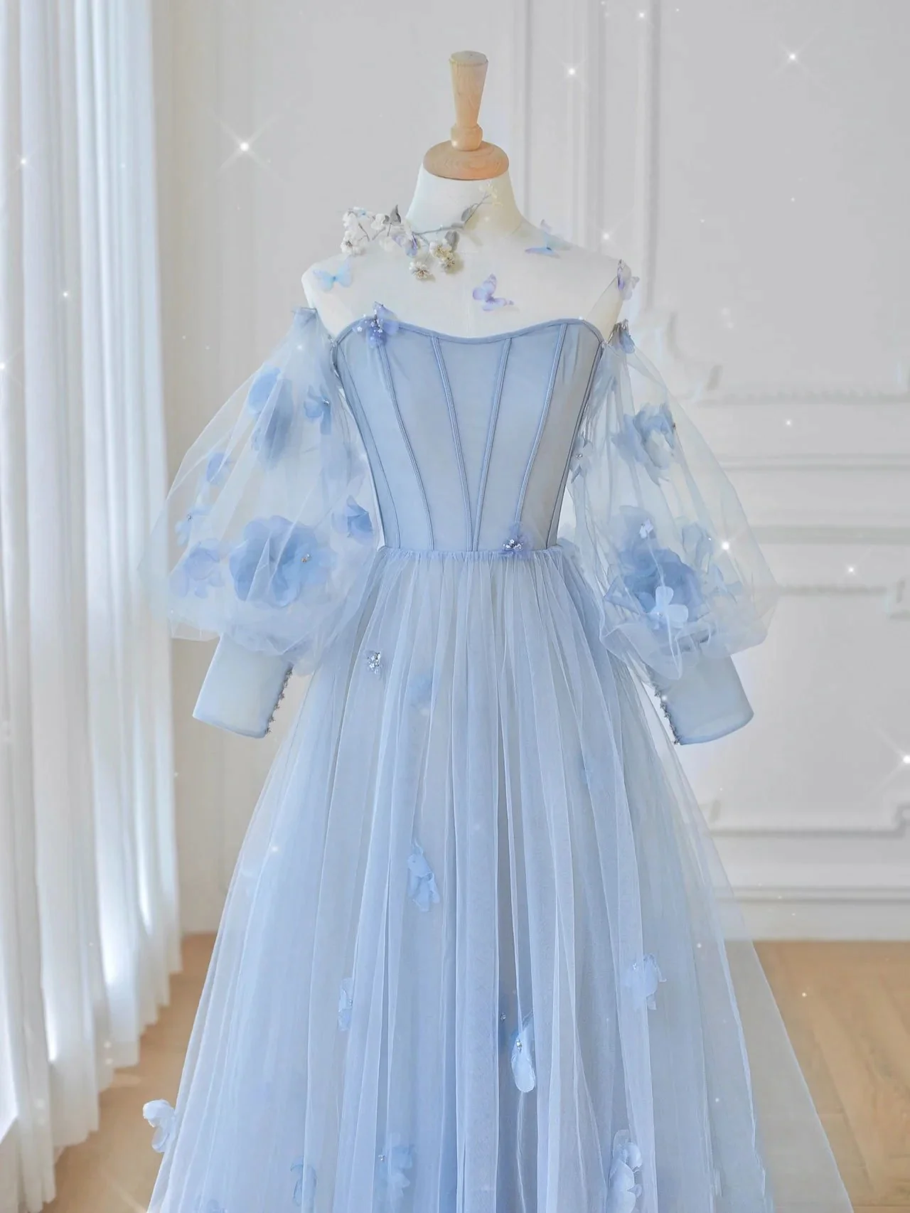 Blue Sweetheart Tulle 3D Flower Long Prom Dress, Blue Evening Dress - Deanwangkt