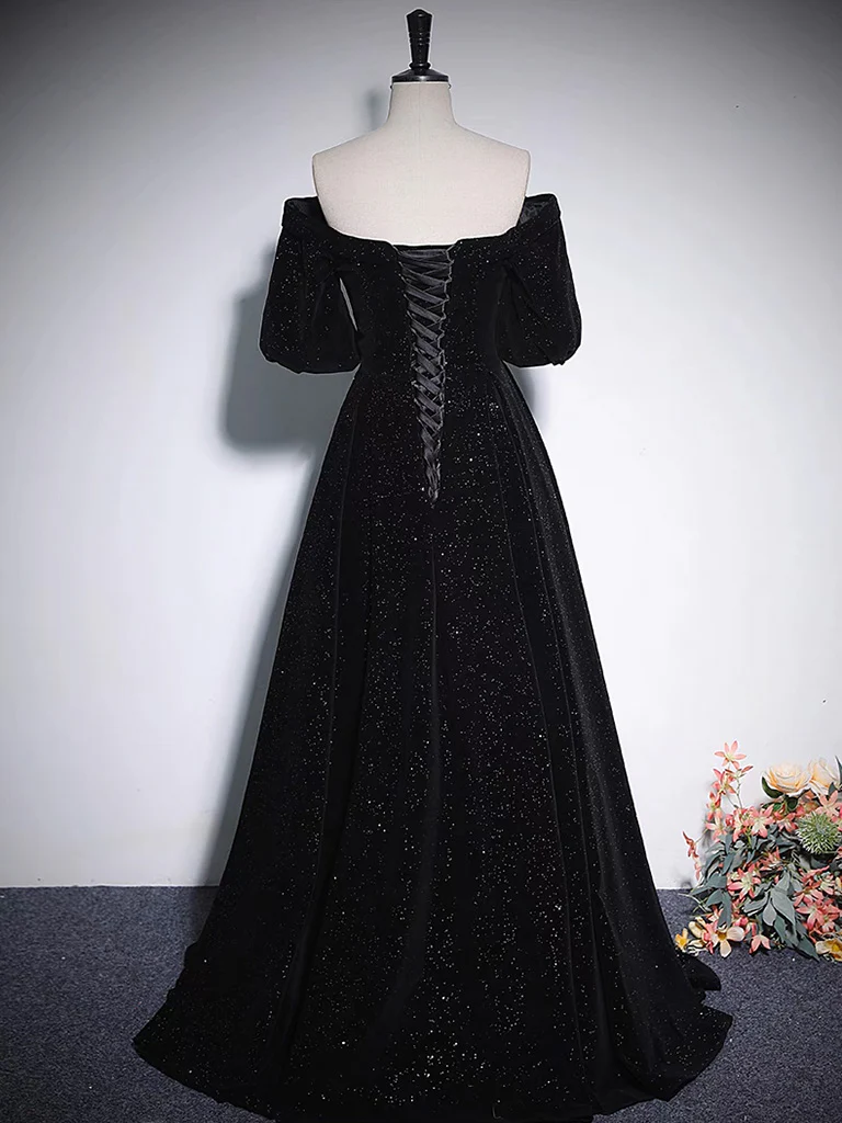 A-Line V Neck Velvet Black Long Prom Dress, Black Formal Evening Dress - Deanwangkt