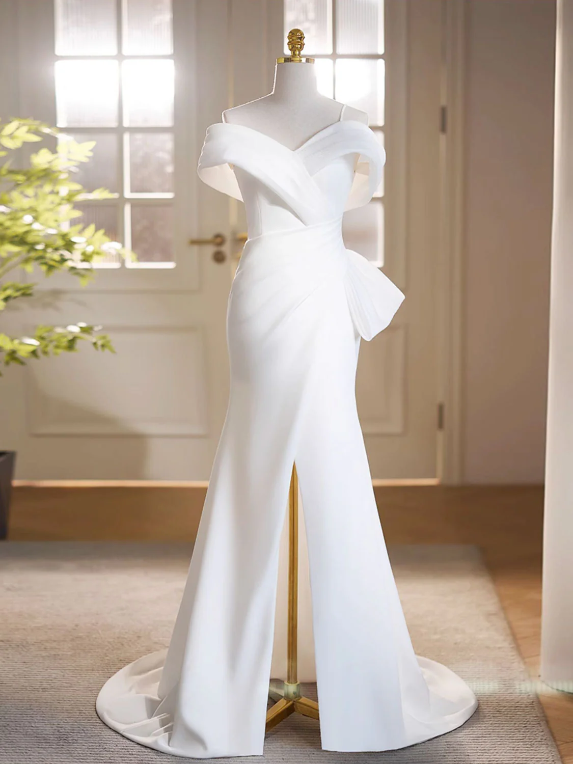 White Off Shoulder Satin Long Prom Dress, White Formal Dress - Deanwangkt