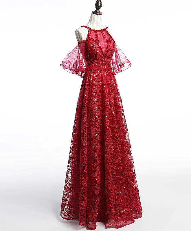 Unique Off Shoulder Tulle Lace Burgundy Long Prom Dress, Evening Dress - Deanwangkt