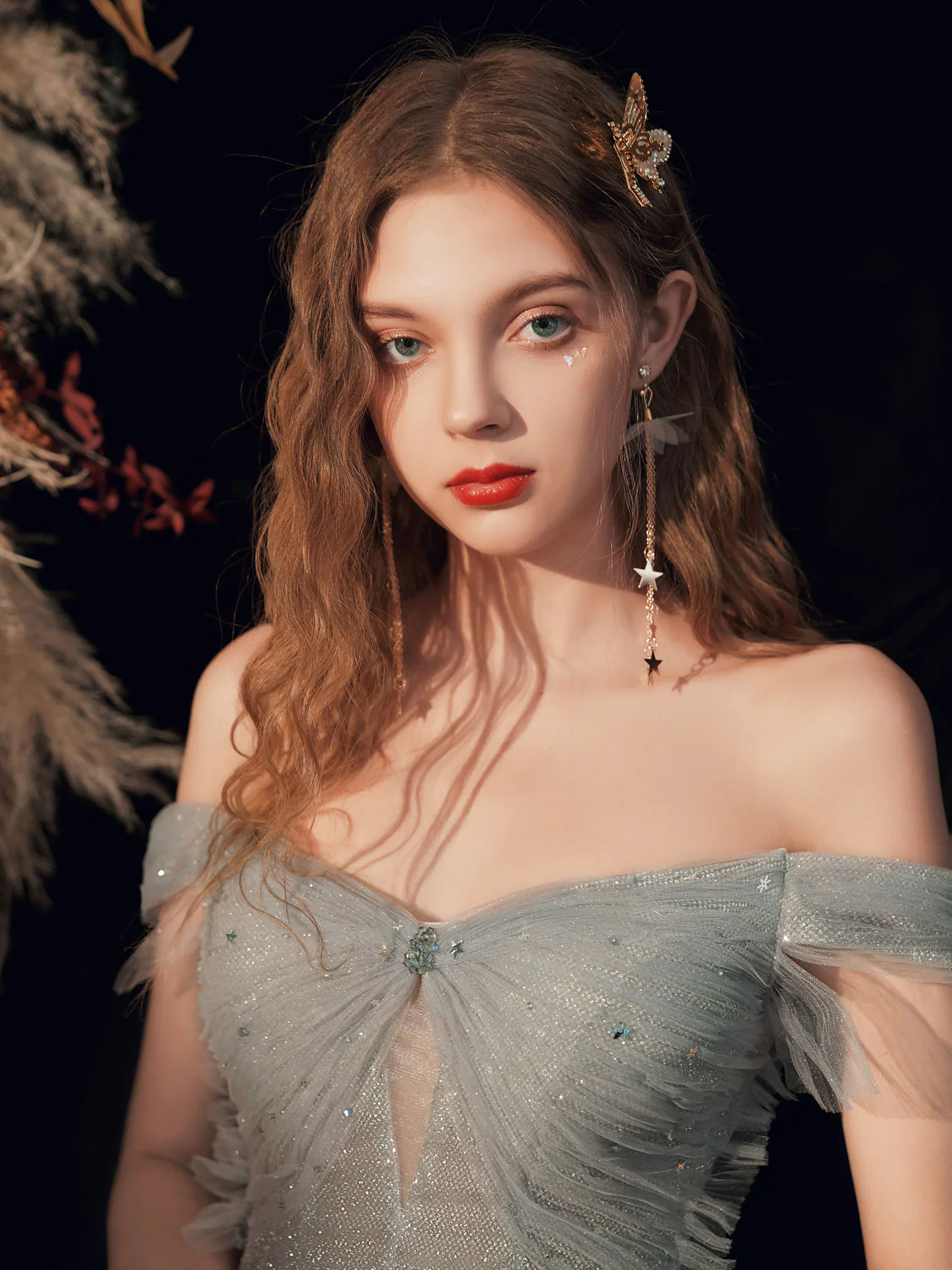 Gray Green Tulle Off Shoulder Sequin Long Prom Dress, Tulle Formal Graduation Dresses - Deanwangkt