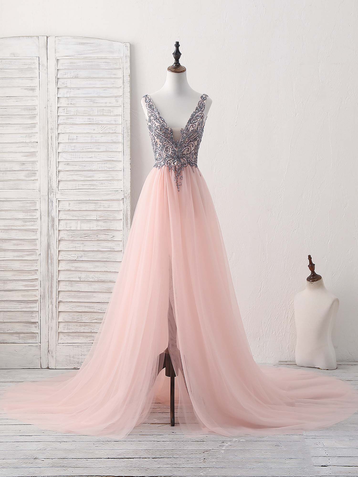 Pink V Neck Tulle Beads Long Prom Dress, Pink Evening Dress - Deanwangkt