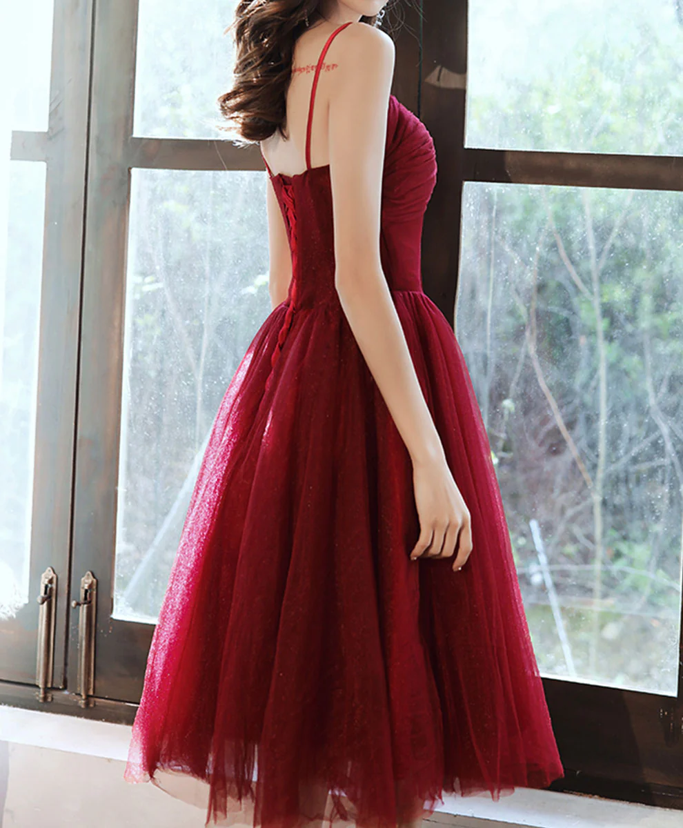 Simple Sweetheart Tulle Short Prom Dress Burgundy Homecoming Dress - Deanwangkt